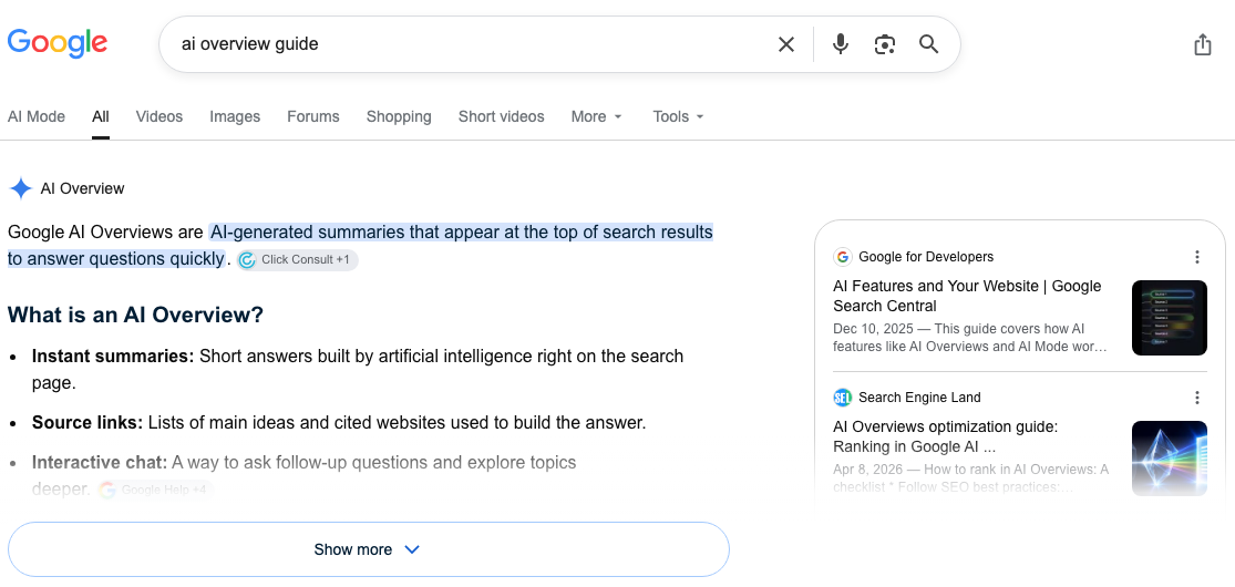 Example of an AI Overview in Google Search appearing above traditional organic results.